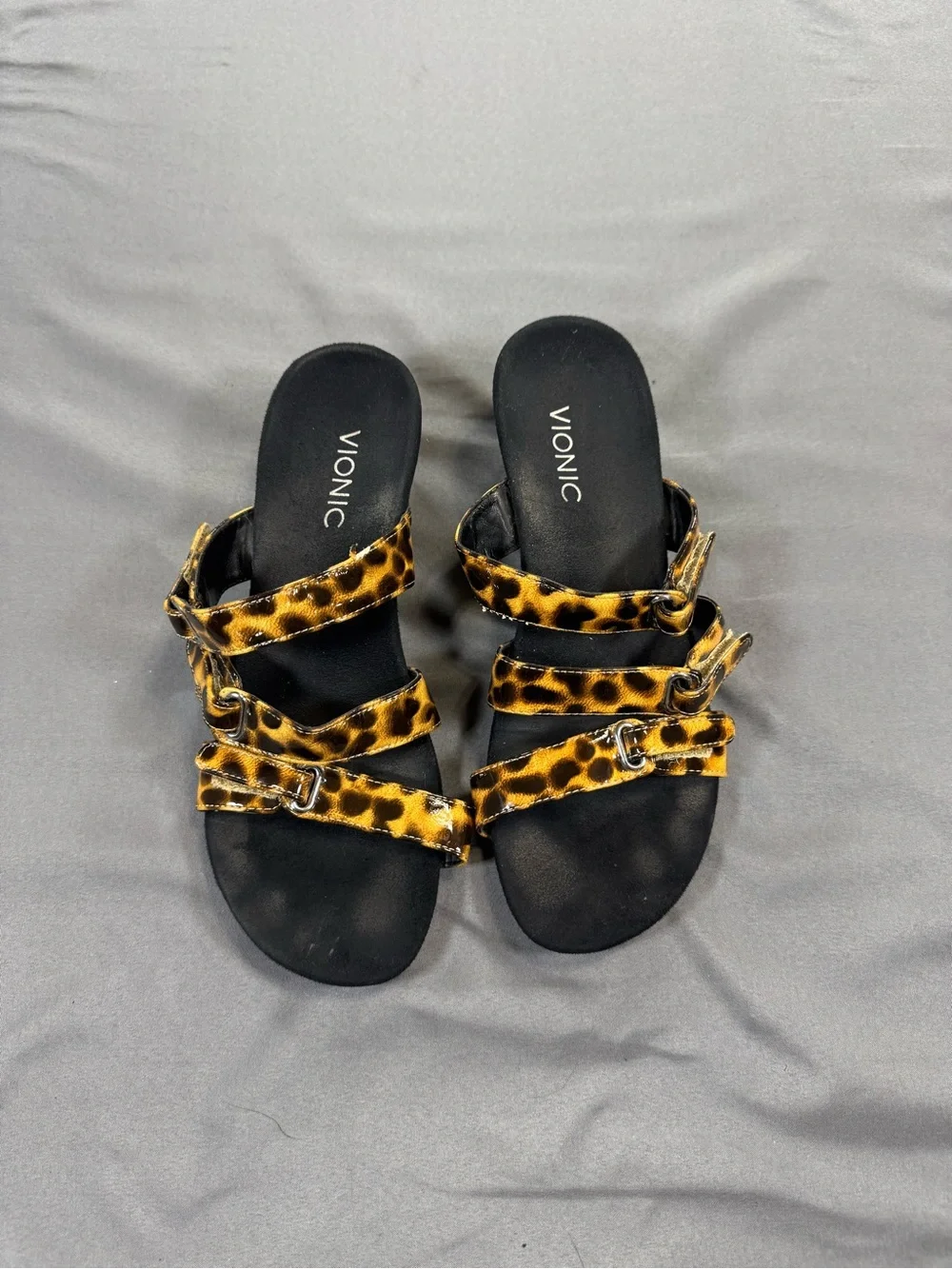 Vionic Leopard-Print Triple Buckle Wedge Slides - Black/Leopard